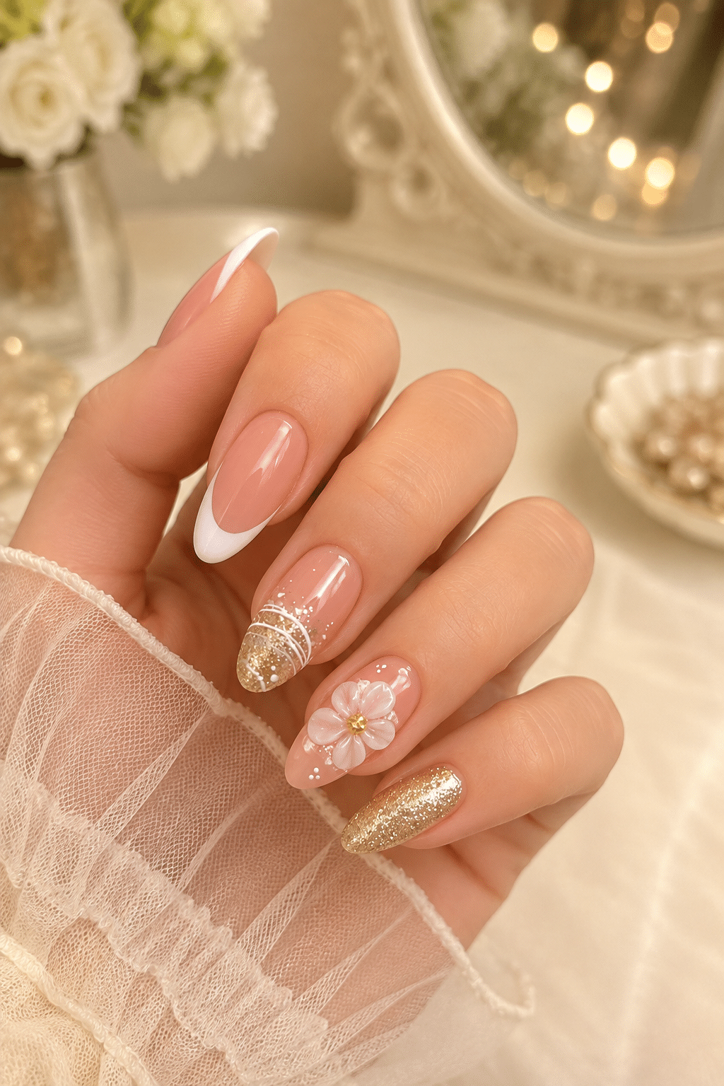 white and gold floral nails