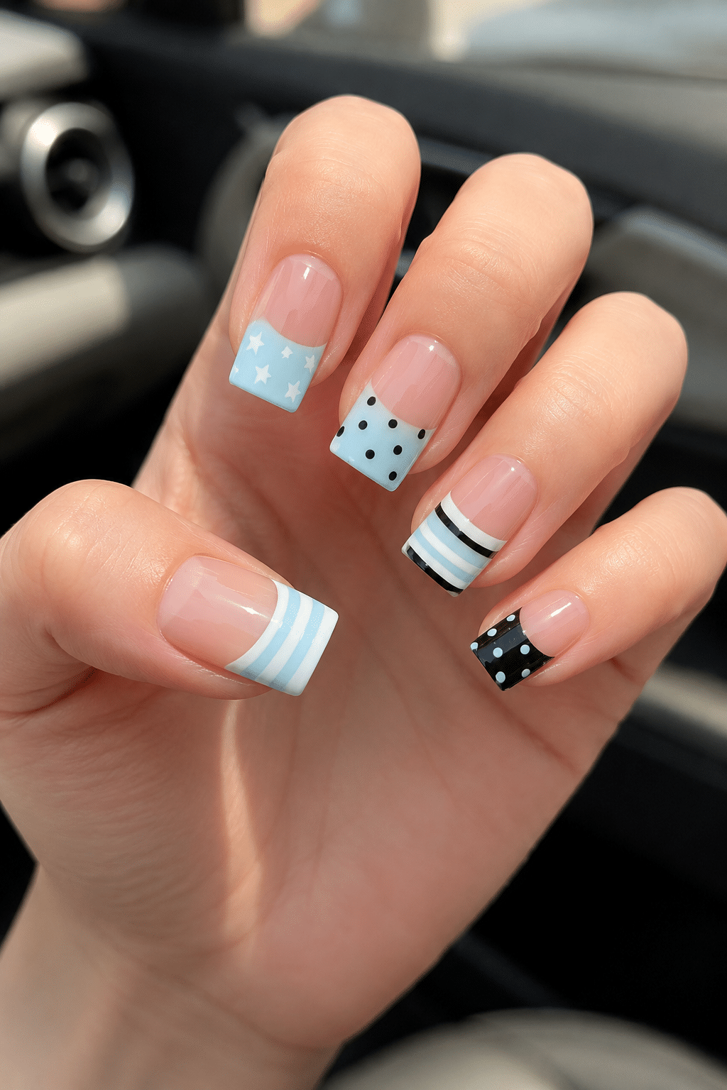 Blue Mix and Match Nails: Cute French Tips with Stars, Stripes and Dots 3 Blue Mix and Match Nails