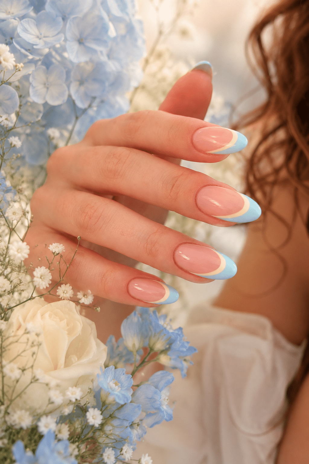 Baby Blue French Nails: Soft and Glossy Pastel Manicure Ideas 2 Baby blue French nails