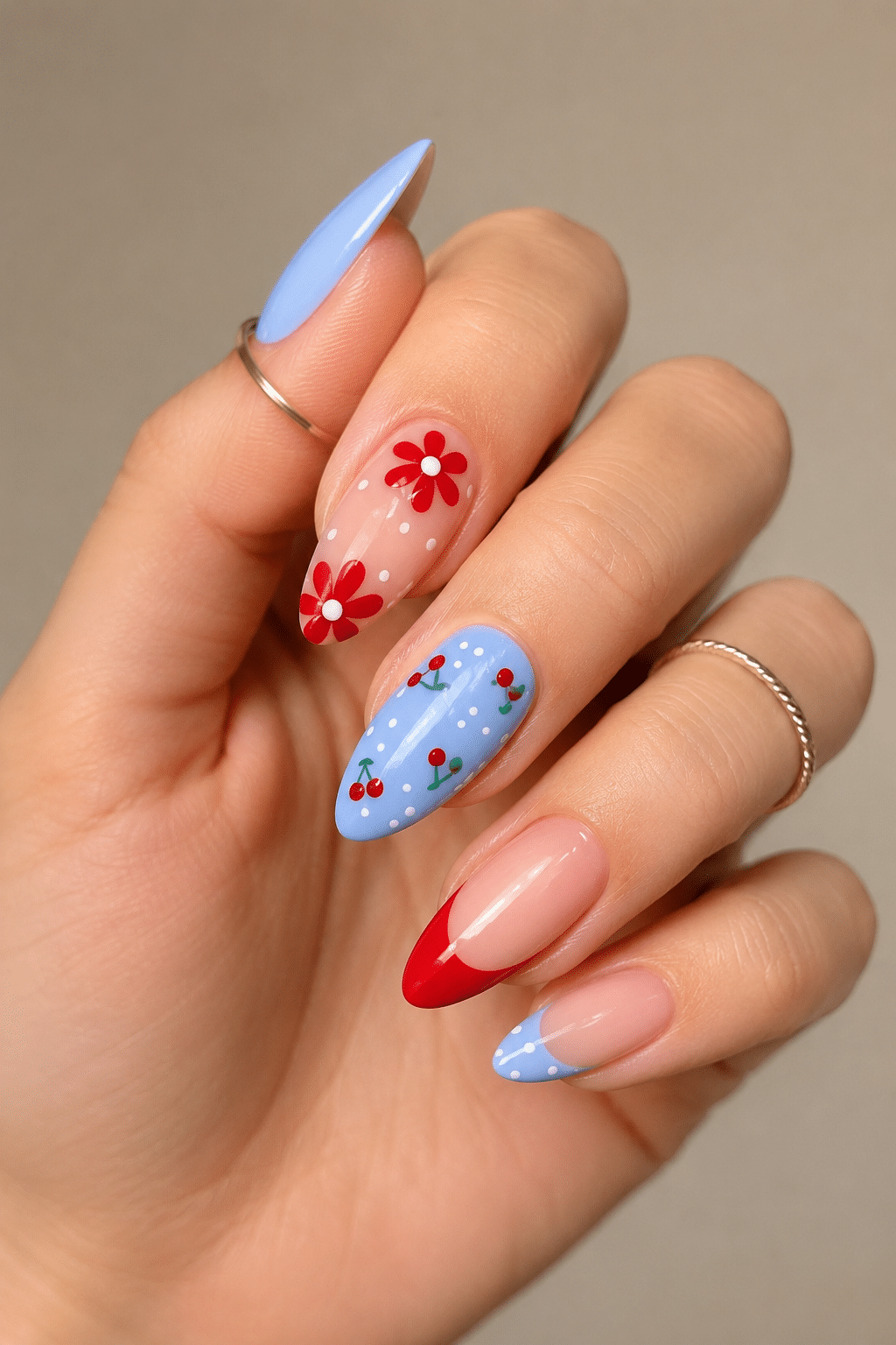 Cherry Blossom French Nails: Sweet Red and Blue Manicure Inspiration 3 Cherry Blossom French Nails