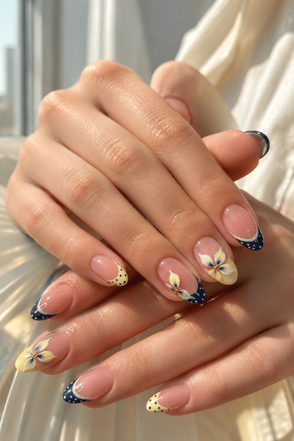 navy and butter yellow floral French tips