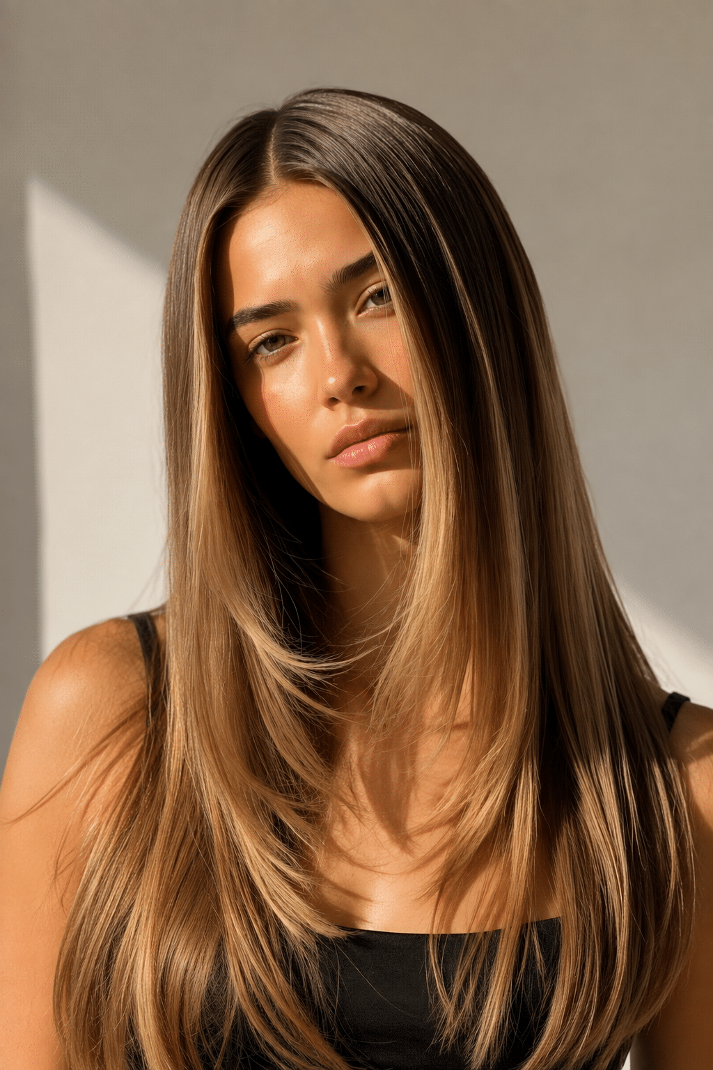 Silky Straight Balayage for Sleek, Glossy Brunette Hair 2 silky straight balayage