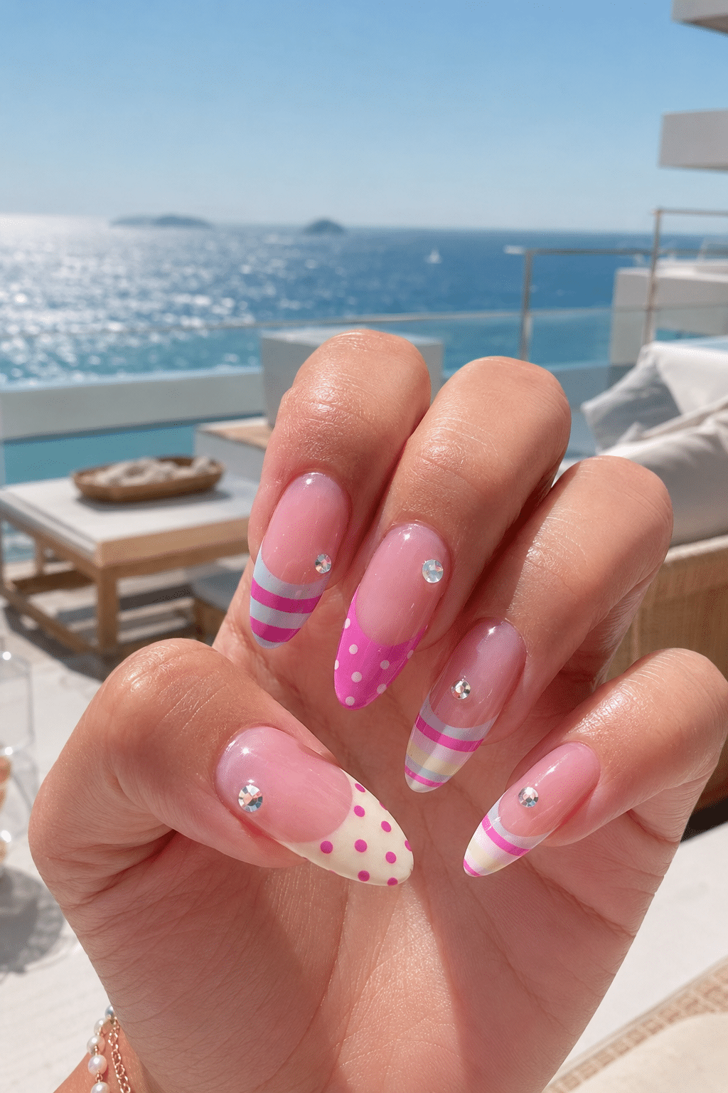 Pink Summer Nails with Stripes, Polka Dots and Rhinestones 2 Pink summer nails
