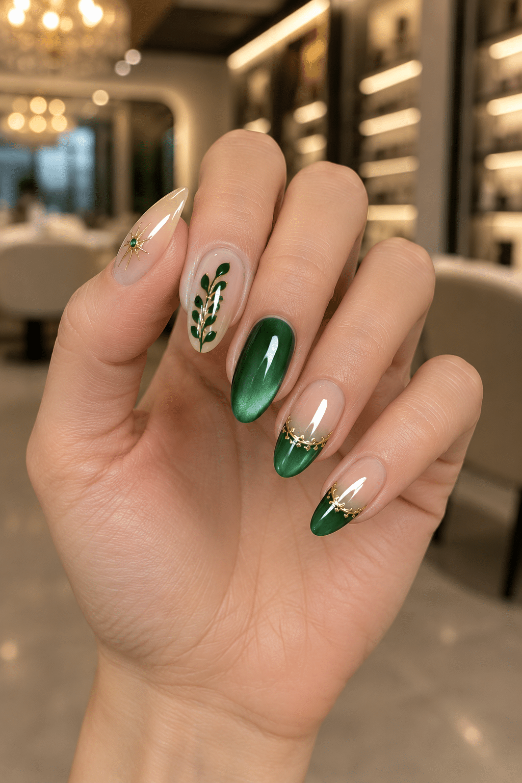 Emerald Botanical Nails: Elegant Green and Gold Manicure Ideas 2 Emerald Botanical Nails