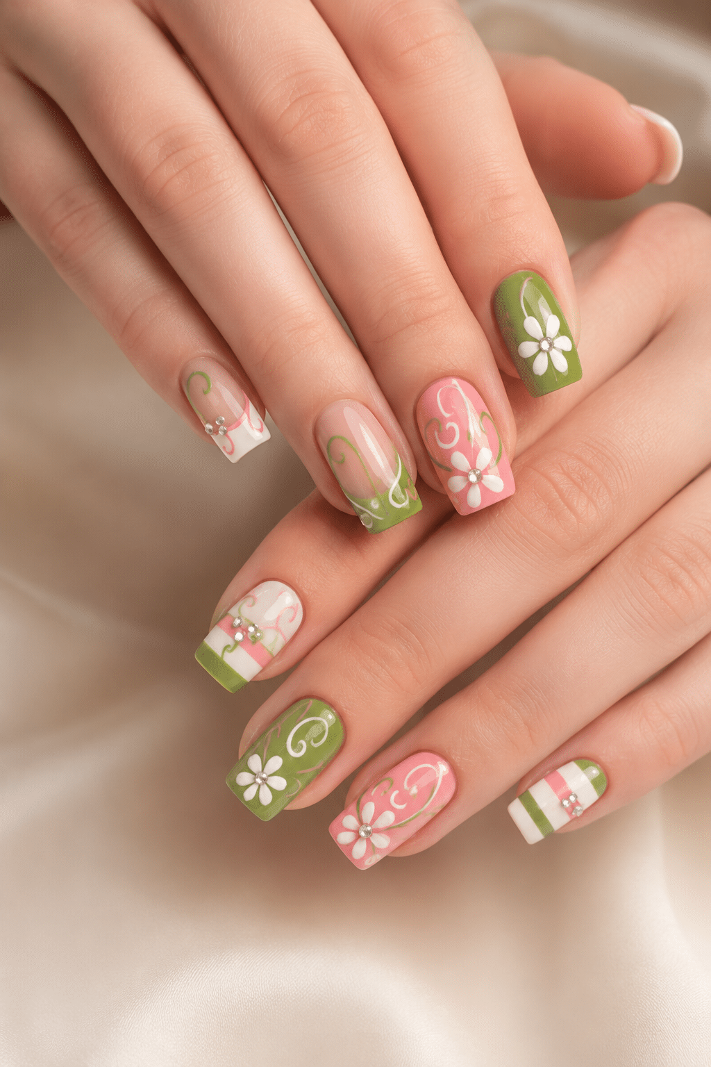 Pink & Green Floral Nails: Fresh Spring Manicure Ideas With a Playful Twist 3 Pink & Green Floral Nails
