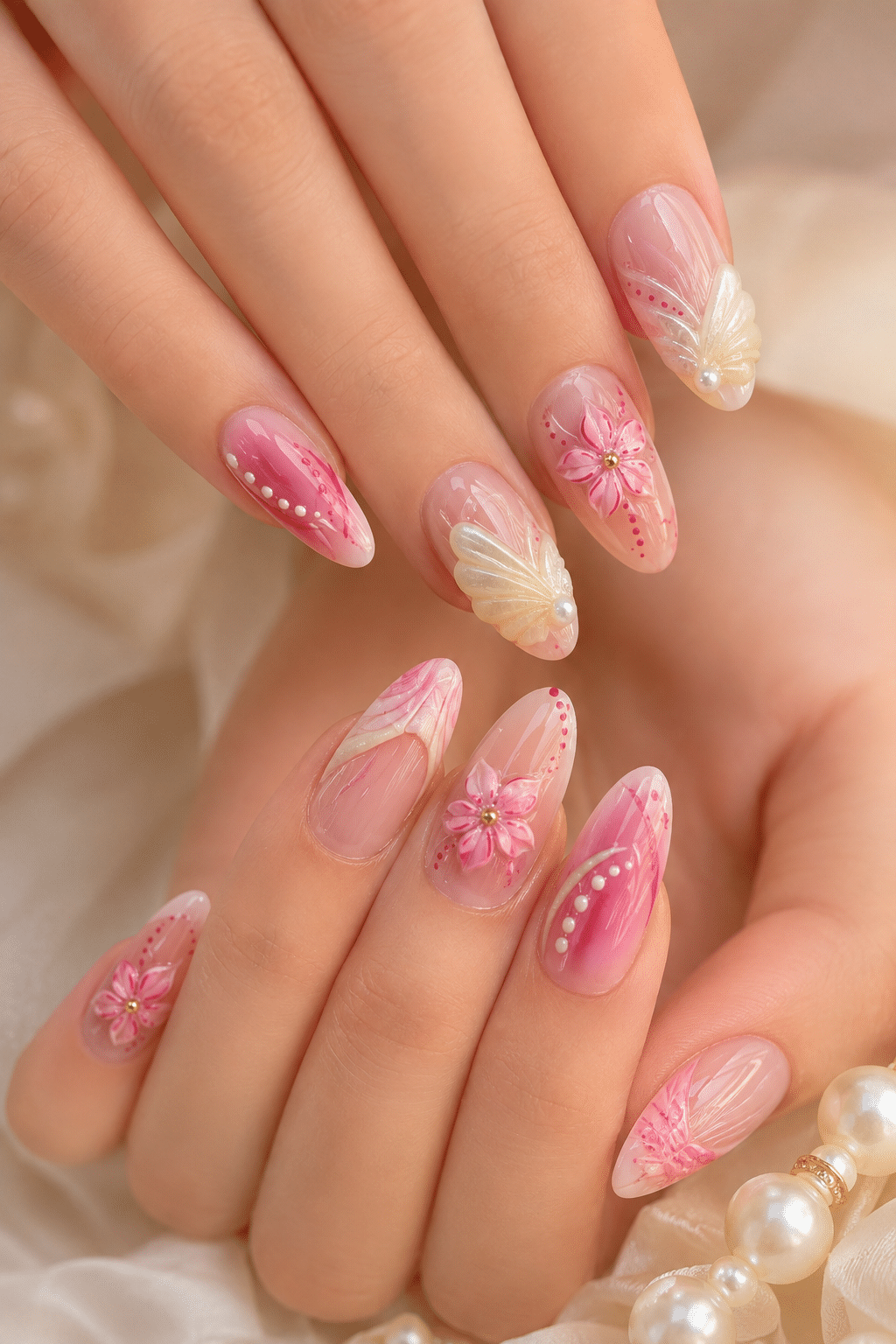 Pink 3D Floral Almond Nails for a Romantic, Elegant Look 2 Pink 3D floral almond nails