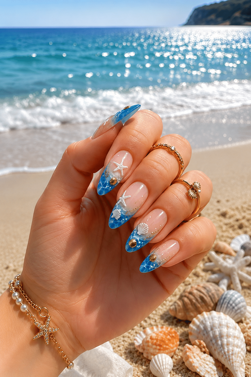 Ocean blue seashell nails