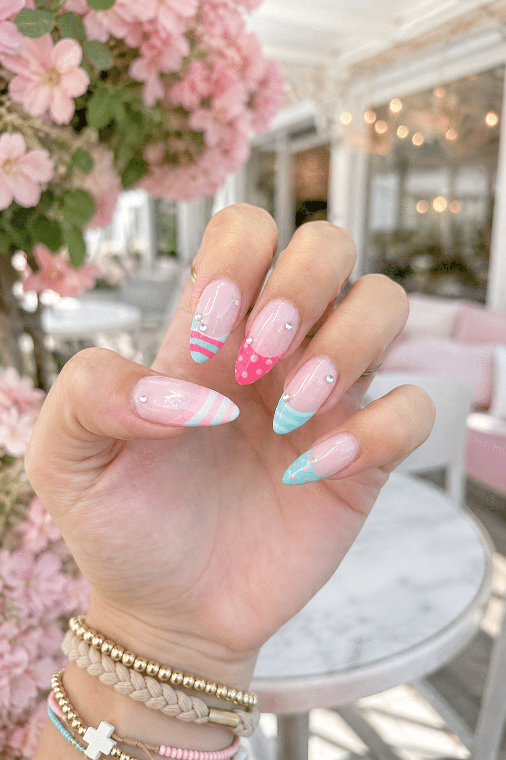 Pastel Pink and Mint Nails with Playful Stripes and Dots 2 Pastel Pink and Mint Nails
