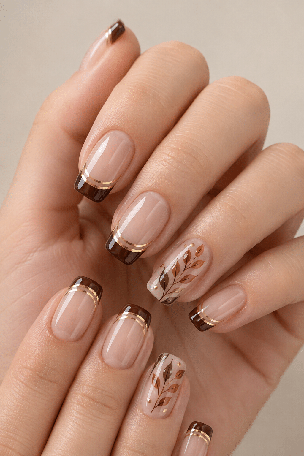 Autumn French Nail Ideas: Chic Brown Tips with Gold Leaf Accents 2 Autumn French nail ideas