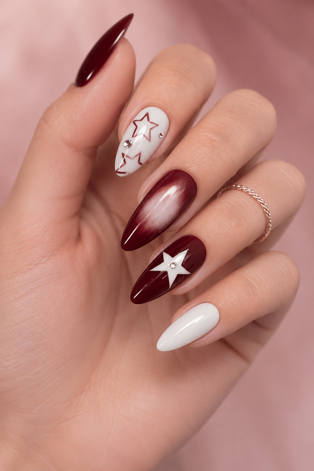 Burgundy Star Nails With White Stars and Cat-Eye Shine 2 Burgundy Star Nails