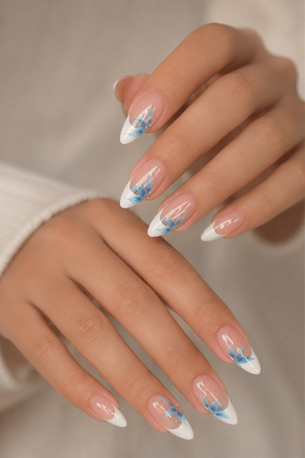 Blue Floral French Nails