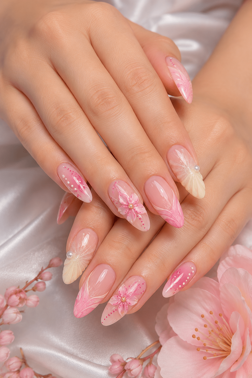 Pink 3D floral almond nails