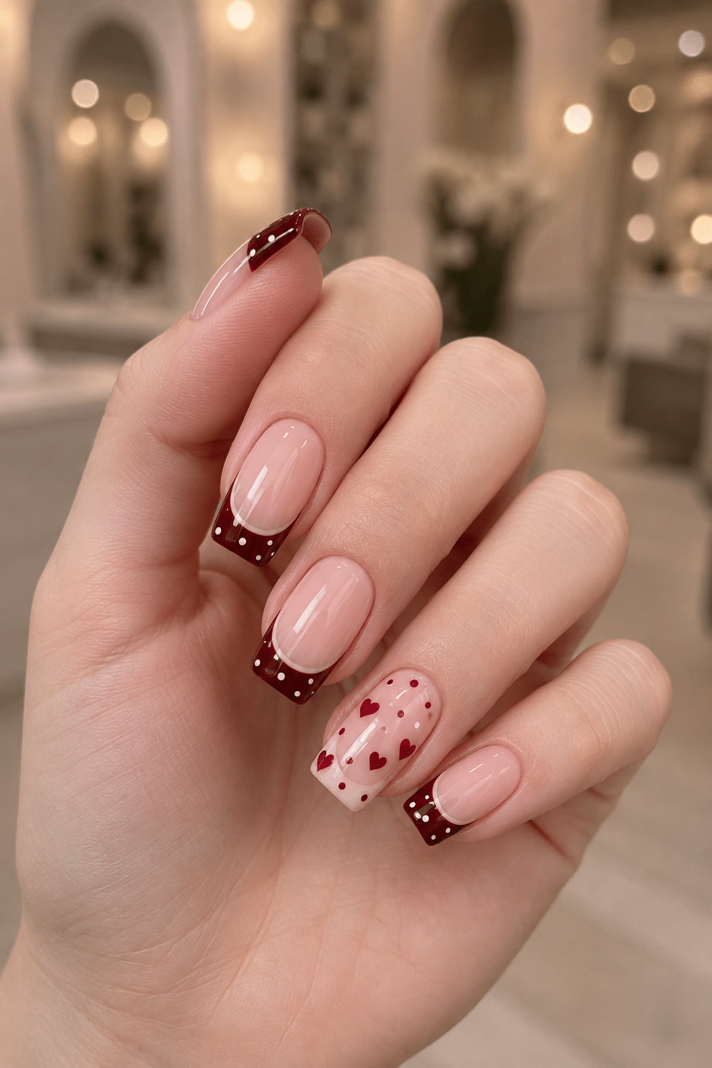 Burgundy Heart French Nails