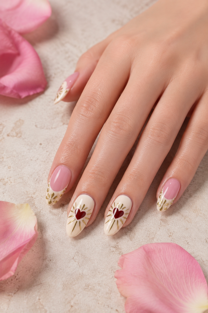 Romantic Sacred Heart French Tip Nails