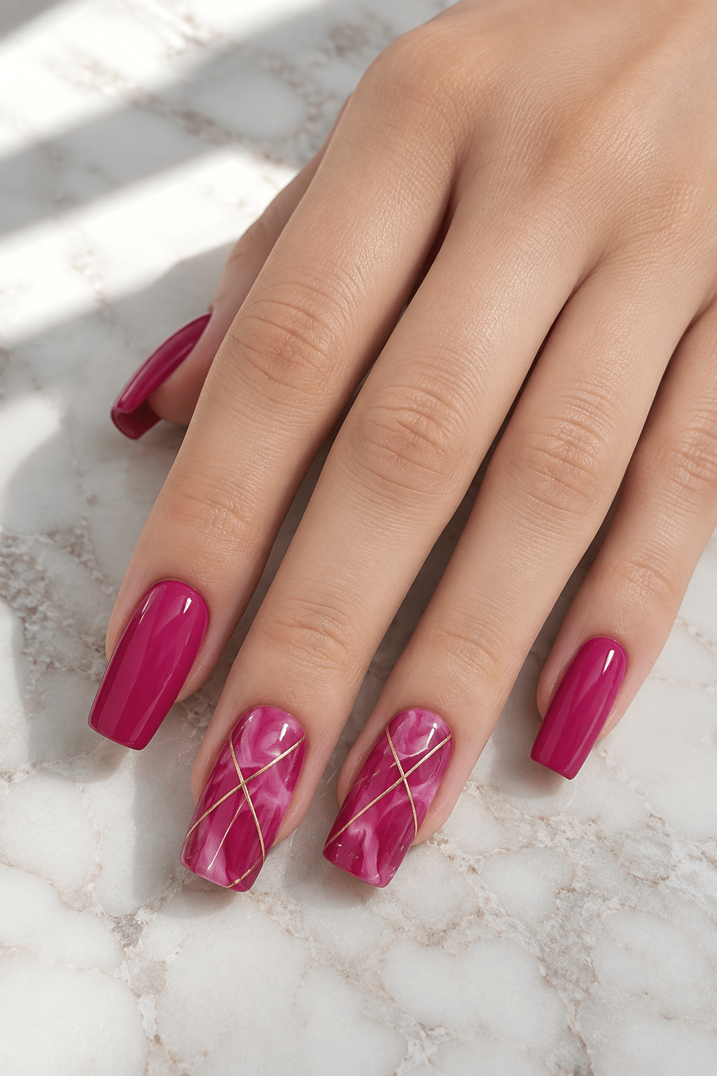 Magenta Marble Nails: Glossy Pink Manicure with Gold Details 2 magenta marble nails