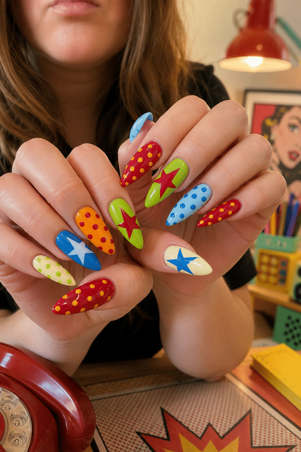 Playful Pop Art Nails: Colorful Stars, Dots, and Bold Almond Nail Ideas 2 Playful pop art nails