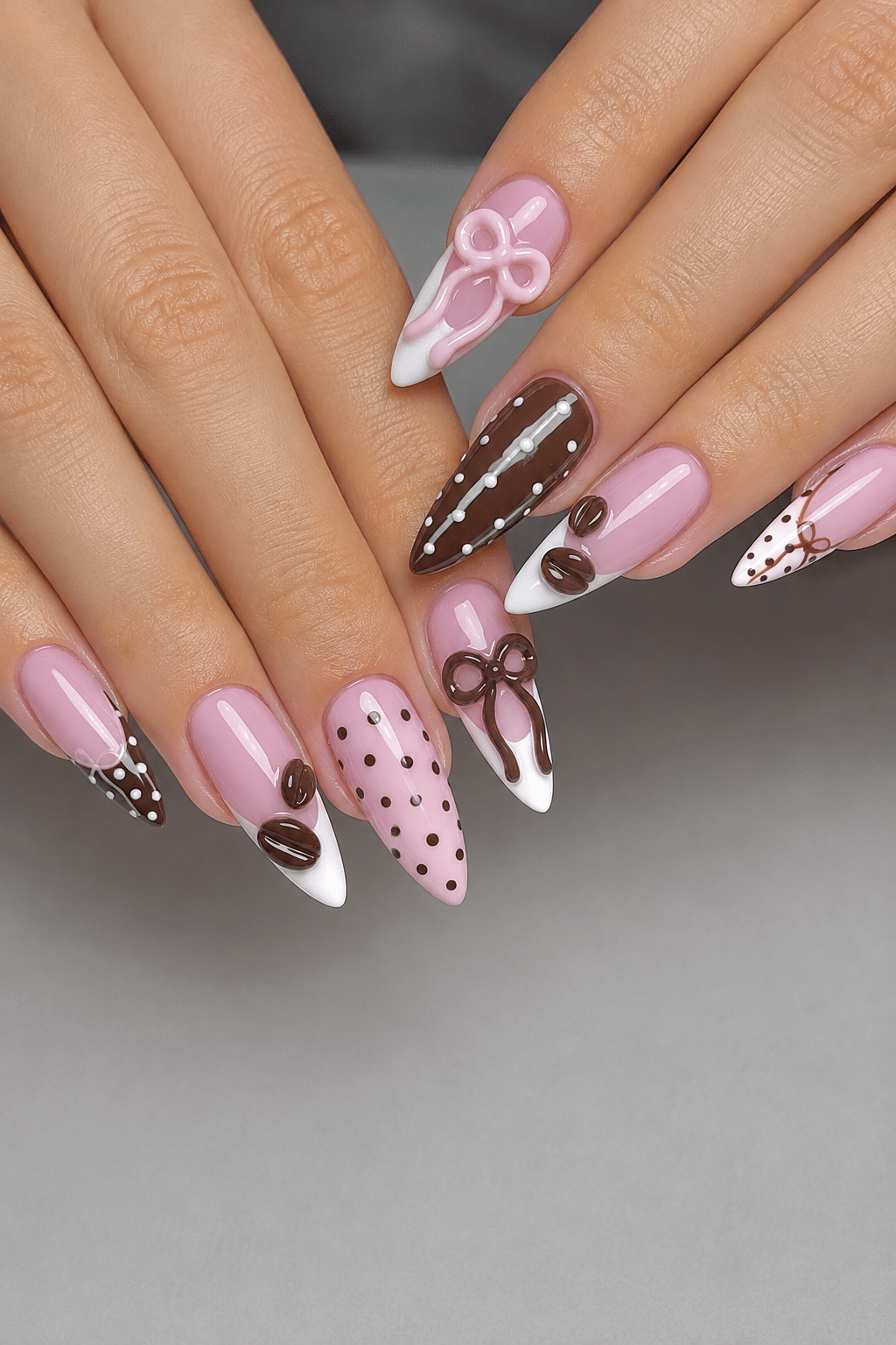 Pink Coffee Bean Bow Nails: Sweet, Cute & Coffee-Inspired Nail Art 2 Pink Chocolate Bow Nails