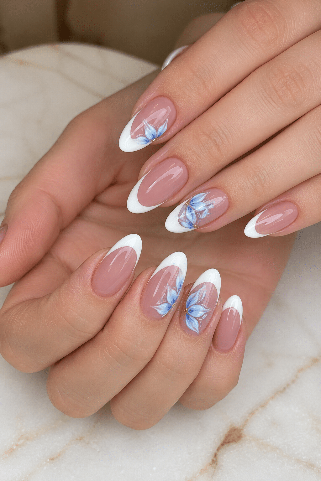 Blue Flower French Tips: Elegant Floral Manicure Inspiration 2 Blue Flower French Tips