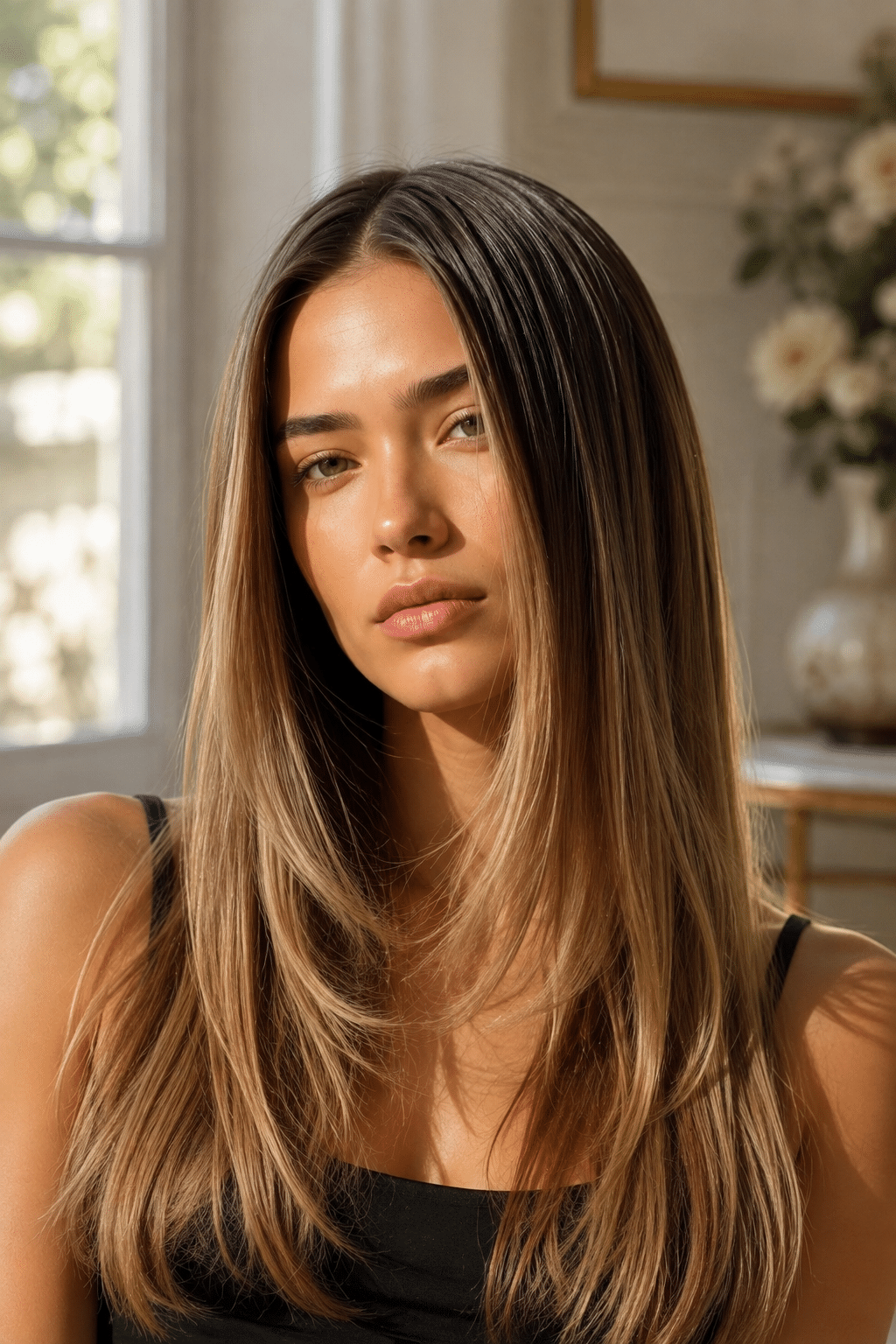 Silky Straight Balayage for Sleek, Glossy Brunette Hair 3 silky straight balayage
