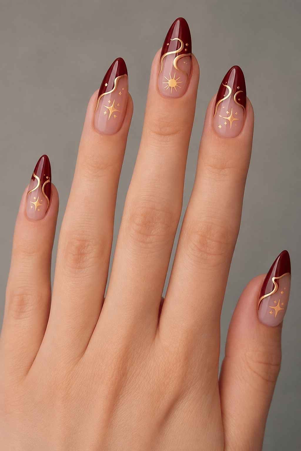 Burgundy Celestial Nail Ideas for an Elegant Gold Manicure 2 Burgundy celestial nail ideas