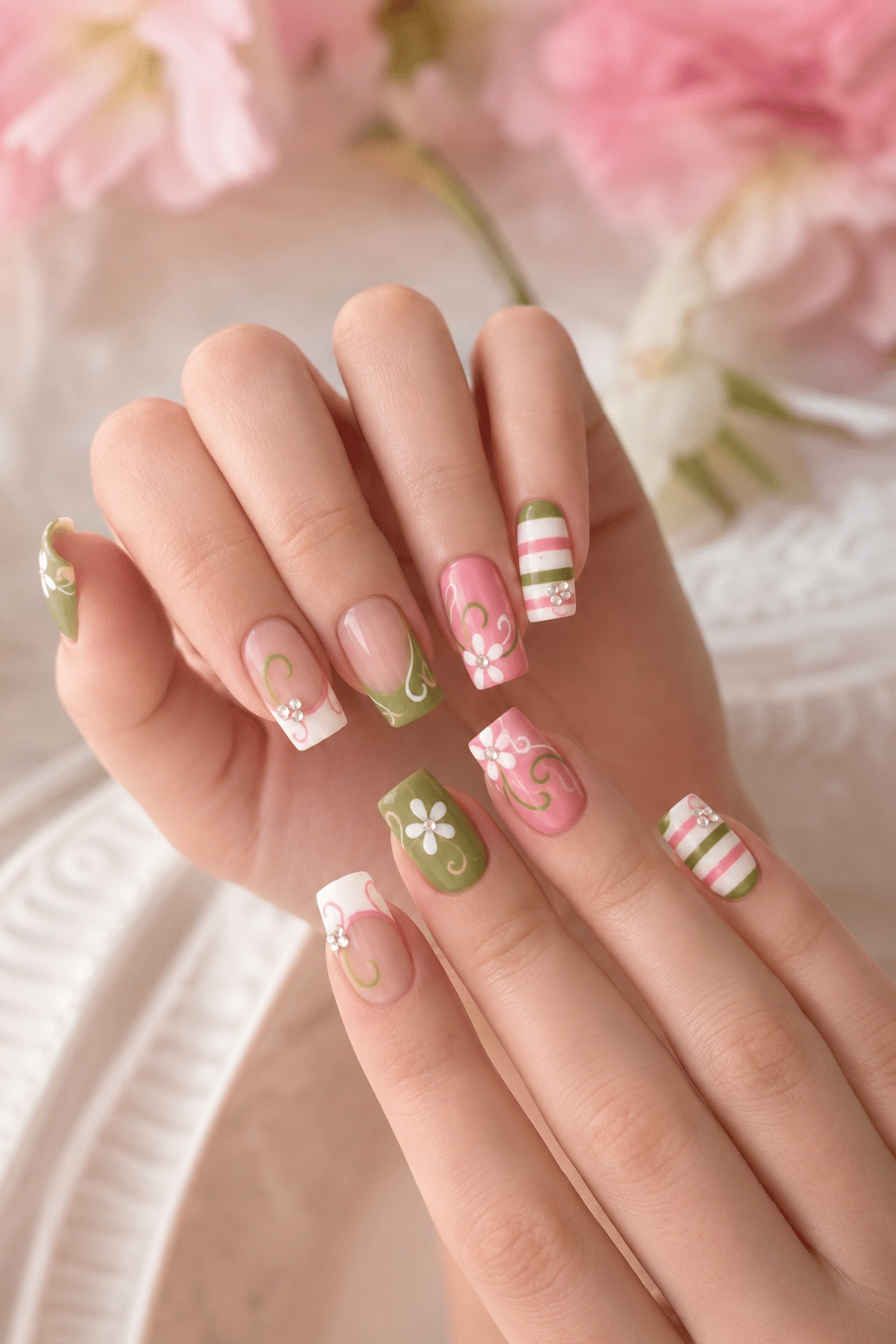Pink & Green Floral Nails