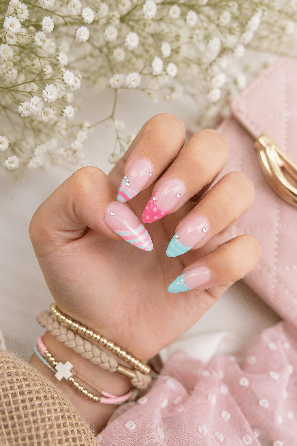 Pastel Pink and Mint Nails with Playful Stripes and Dots 3 Pastel Pink and Mint Nails