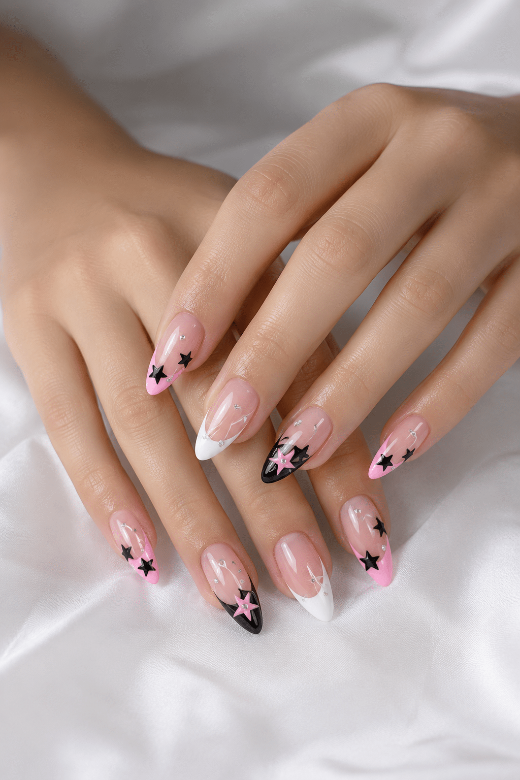Pink Star French Tip Nails