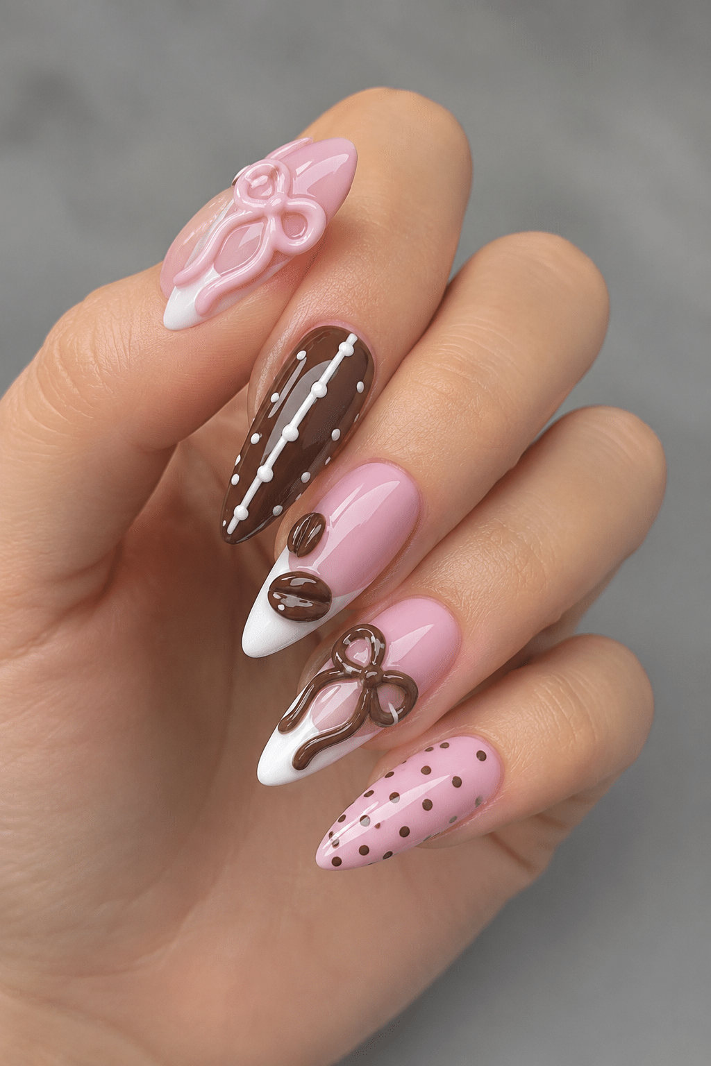 Pink Coffee Bean Bow Nails: Sweet, Cute & Coffee-Inspired Nail Art 3 Pink Chocolate Bow Nails