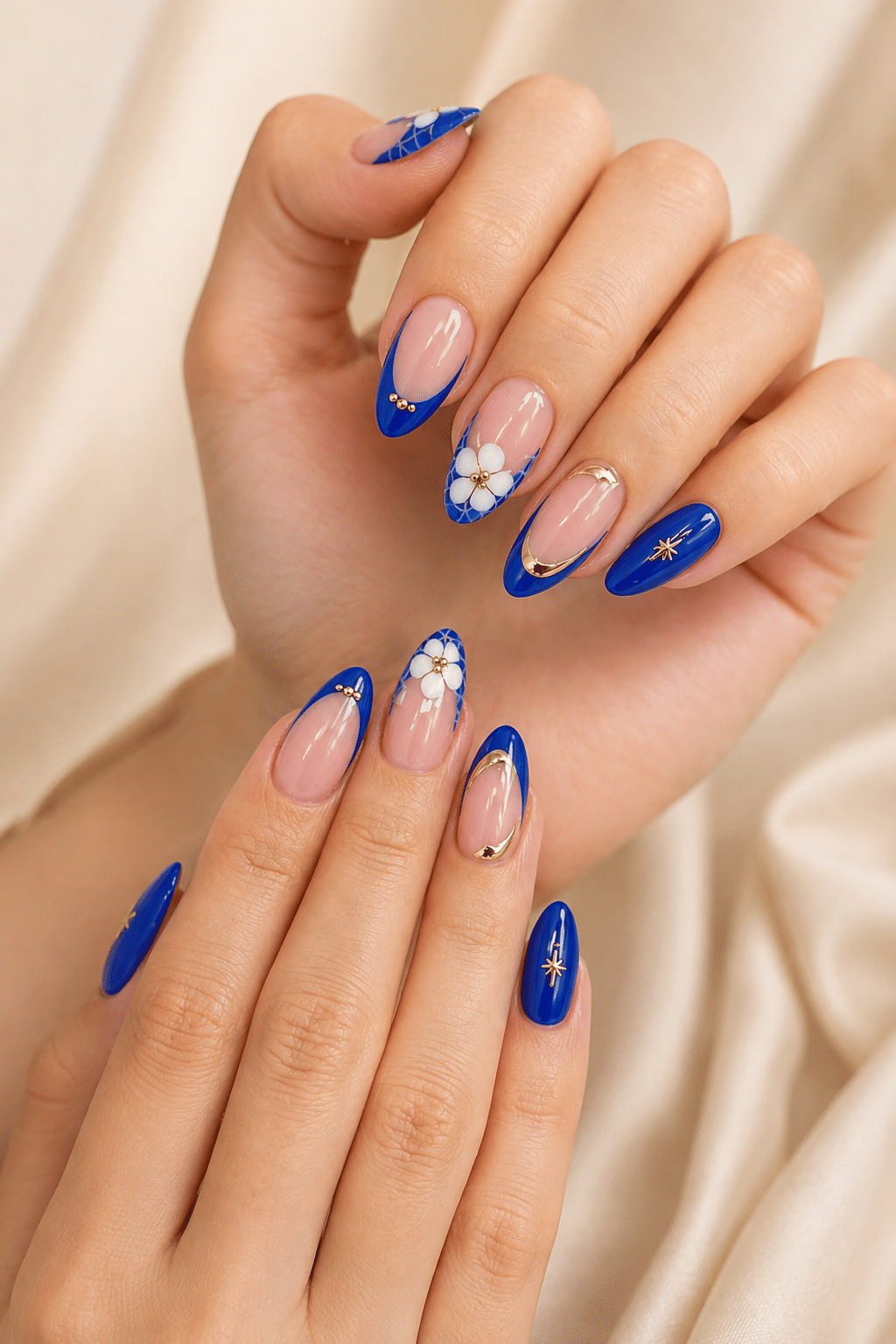 Blue Floral Nails: Elegant French Tips with Gold Accents 2 blue floral nails