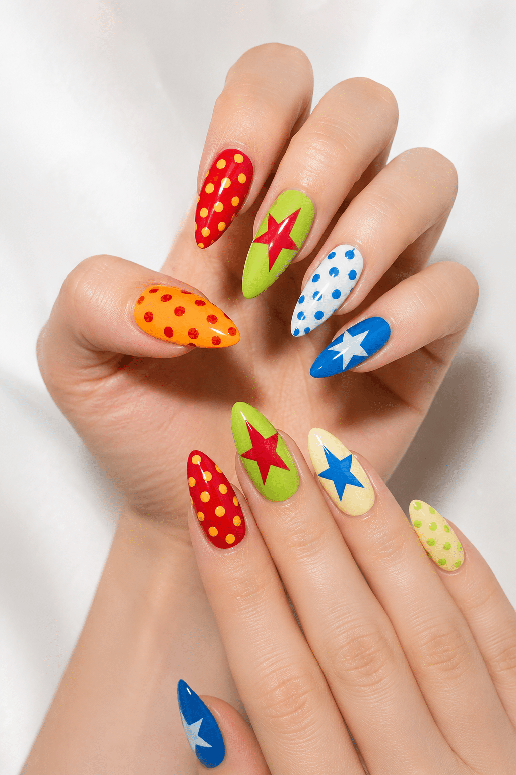 Playful Pop Art Nails: Colorful Stars, Dots, and Bold Almond Nail Ideas 3 Playful pop art nails