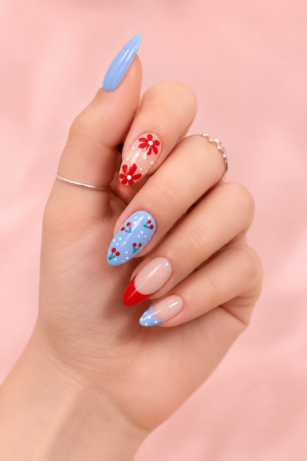 Cherry Blossom French Nails: Sweet Red and Blue Manicure Inspiration 2 Cherry Blossom French Nails