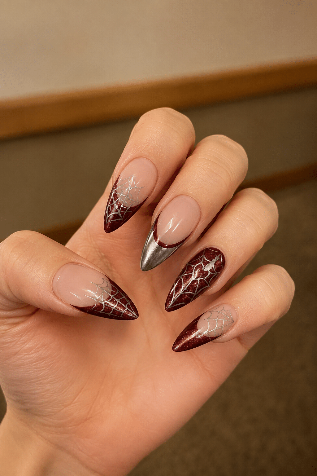 Burgundy Spiderweb Nail Ideas