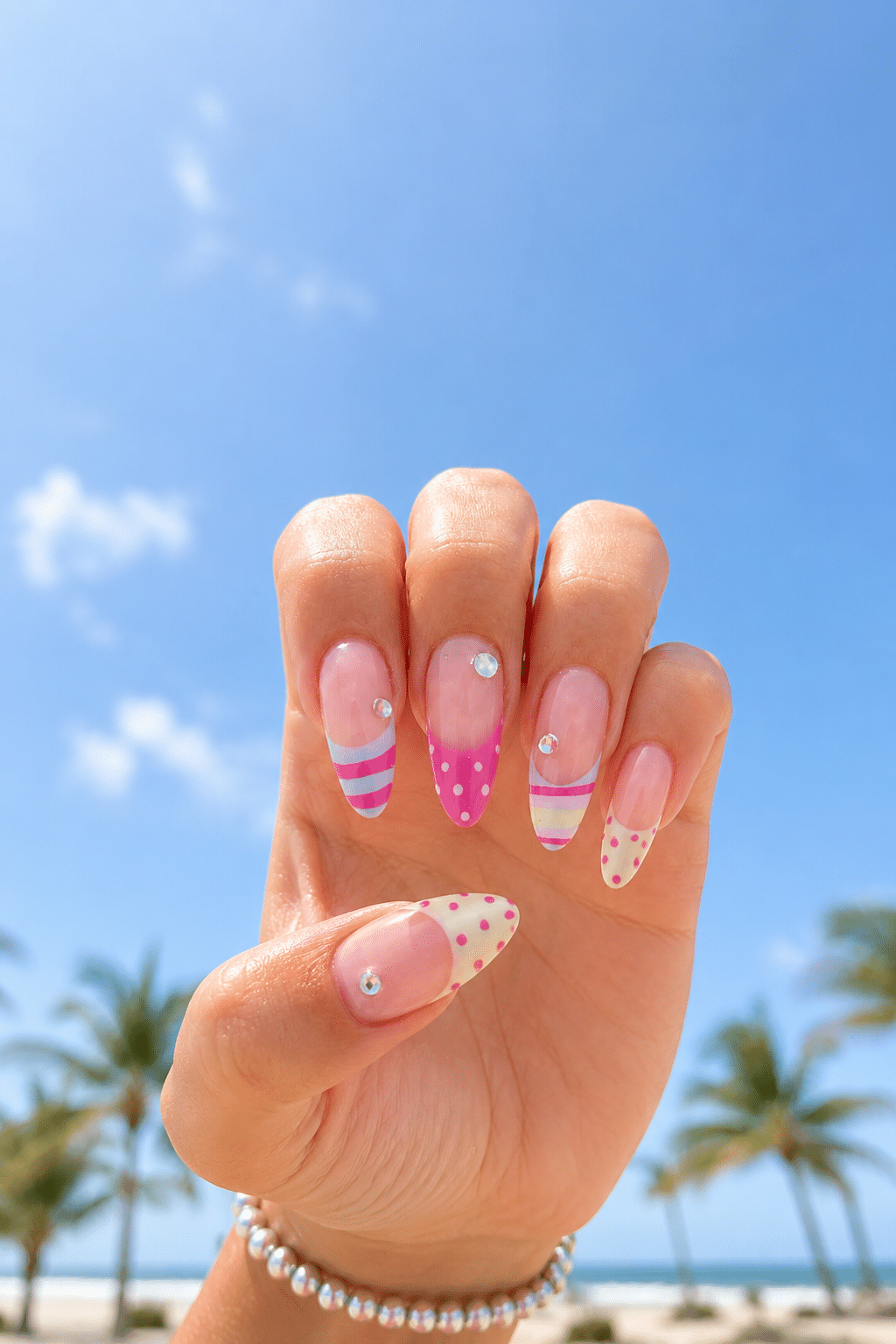 Pink Summer Nails with Stripes, Polka Dots and Rhinestones 3 Pink summer nails
