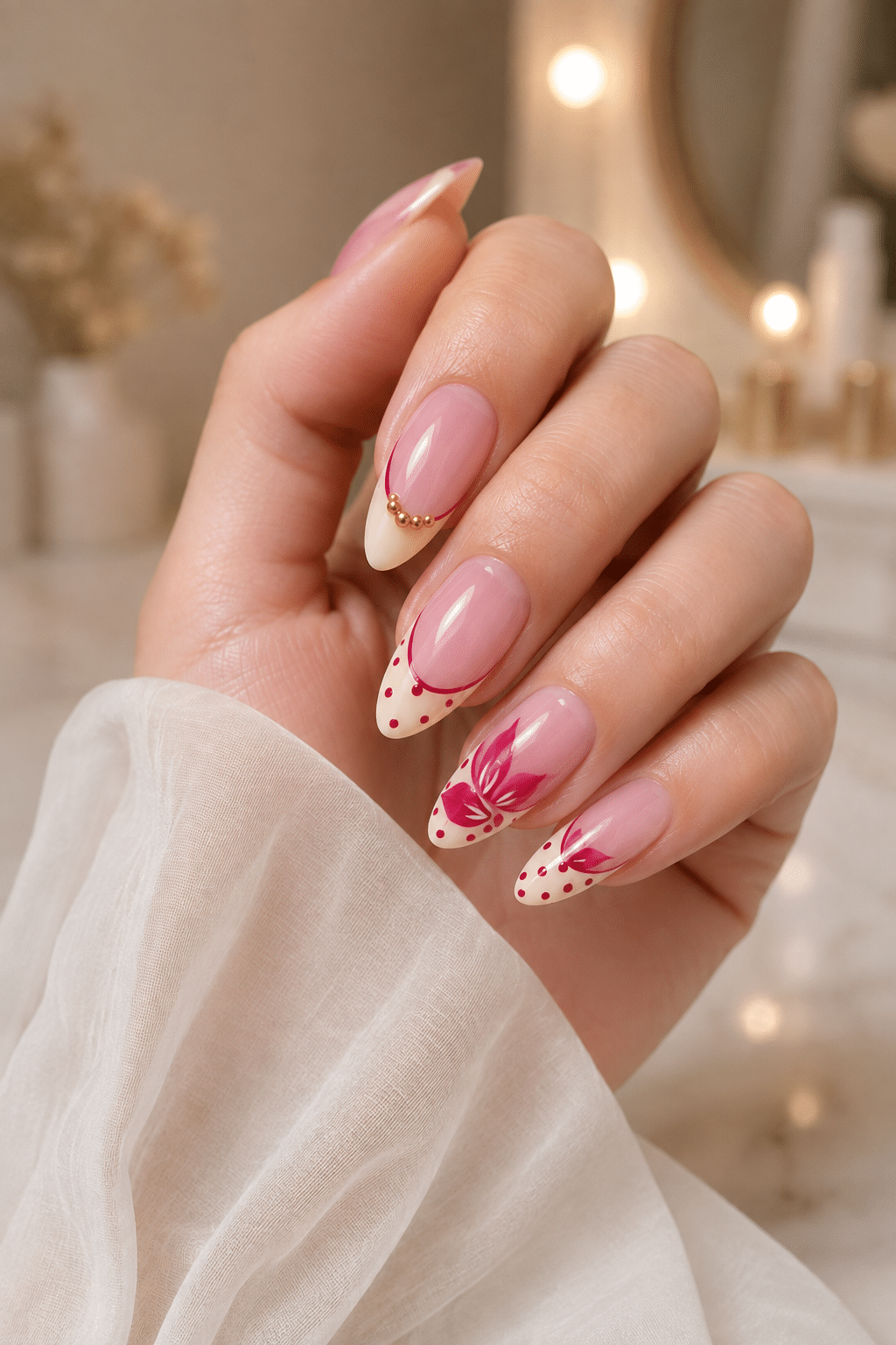 pink floral polka dot nails
