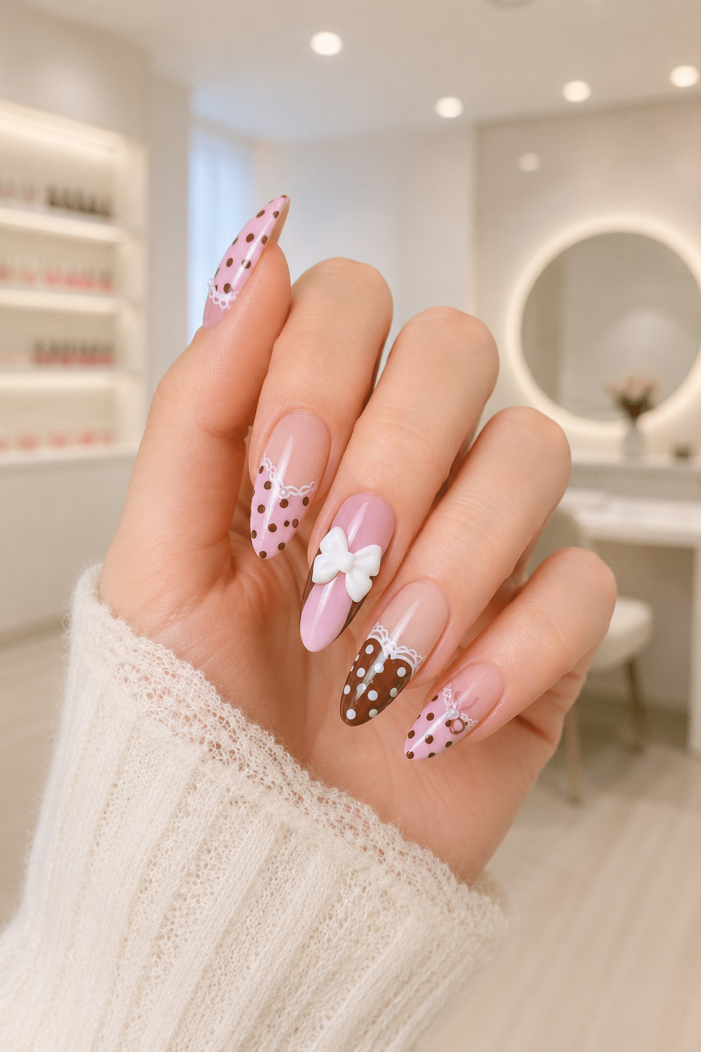 Pink Polka Dot Bow Nails