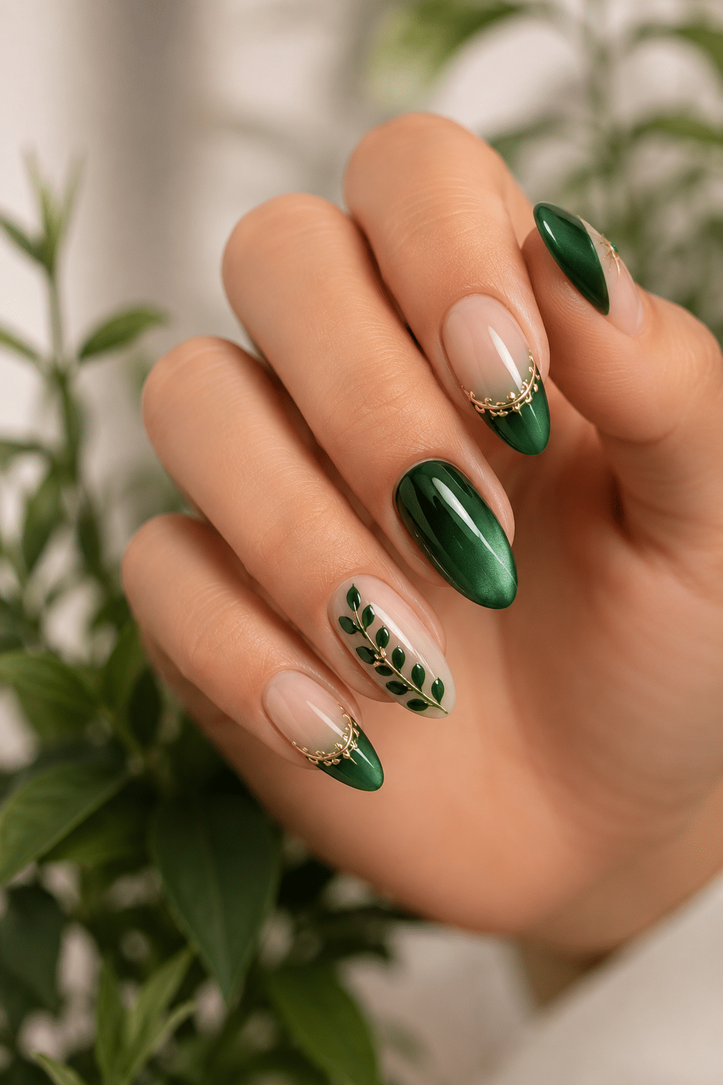 Emerald Botanical Nails: Elegant Green and Gold Manicure Ideas 3 Emerald Botanical Nails