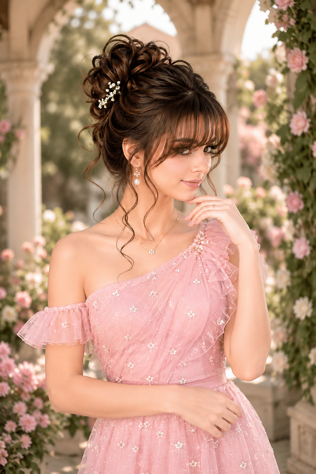Romantic Curly Updo With Wispy Bangs and Flowers 3 romantic curly updo