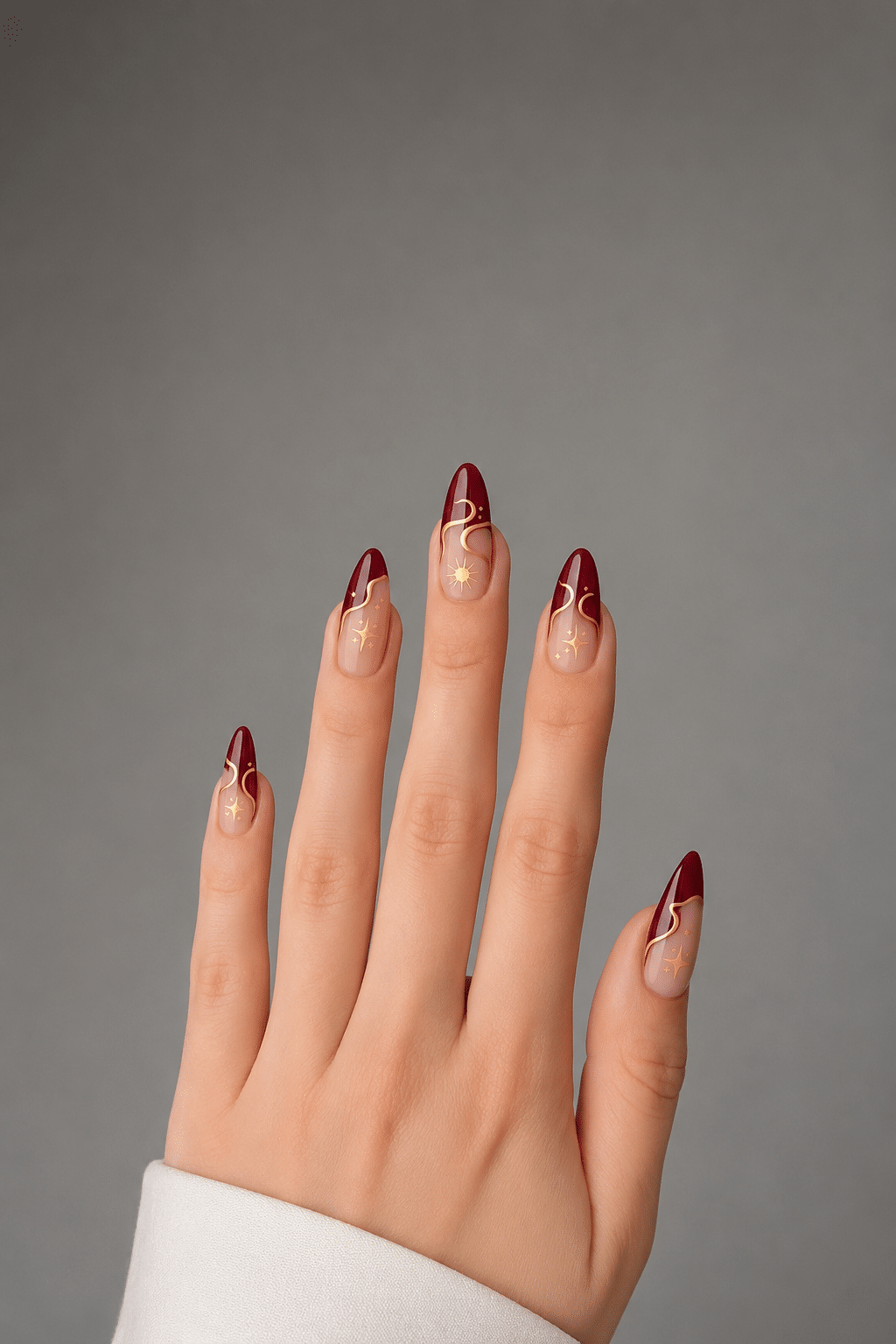 Burgundy Celestial Nail Ideas for an Elegant Gold Manicure 3 Burgundy celestial nail ideas