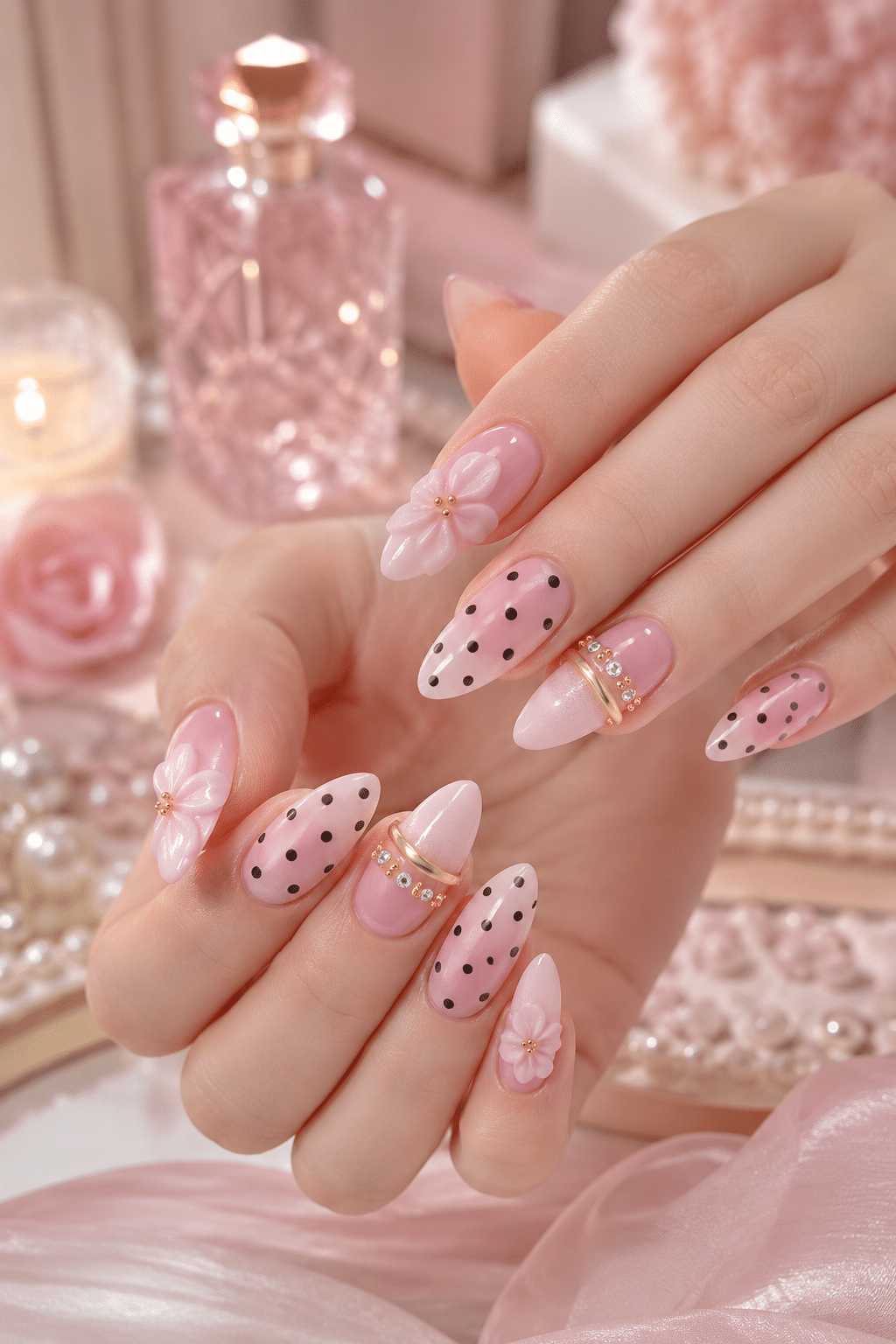 Pink Polka Dot Floral Nails: Soft, Feminine & Elegant Nail Inspiration 3 Pink Polka Dot Floral