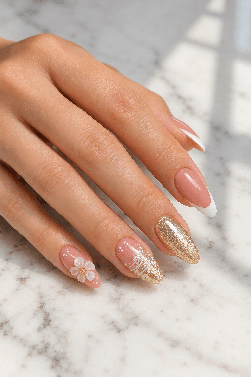 White and Gold Floral Nails: Elegant Chic Glam Manicure Ideas 3 white and gold floral nails