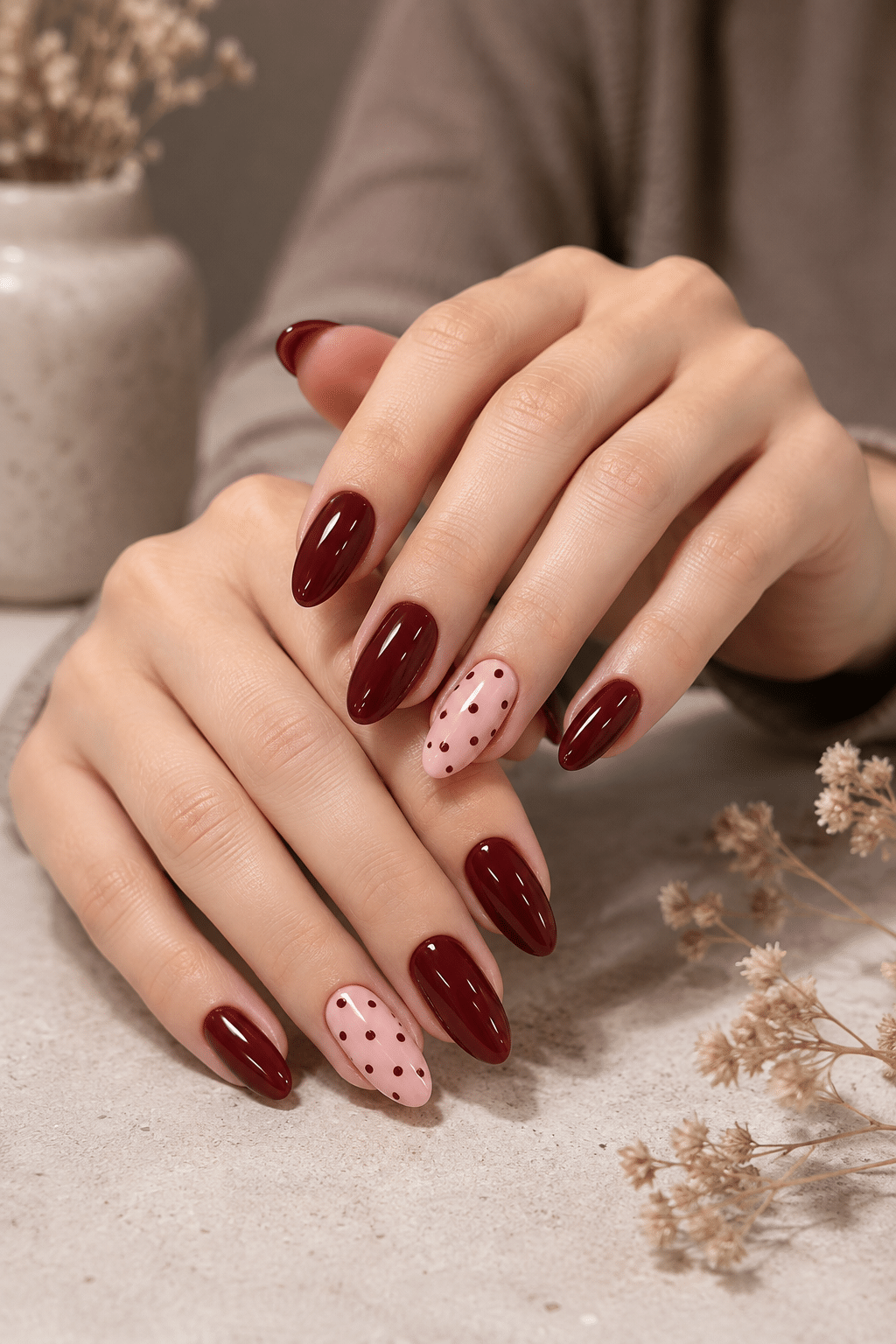 Burgundy Polka Dot Nail Ideas for an Elegant Manicure 2 Burgundy polka dot nail ideas