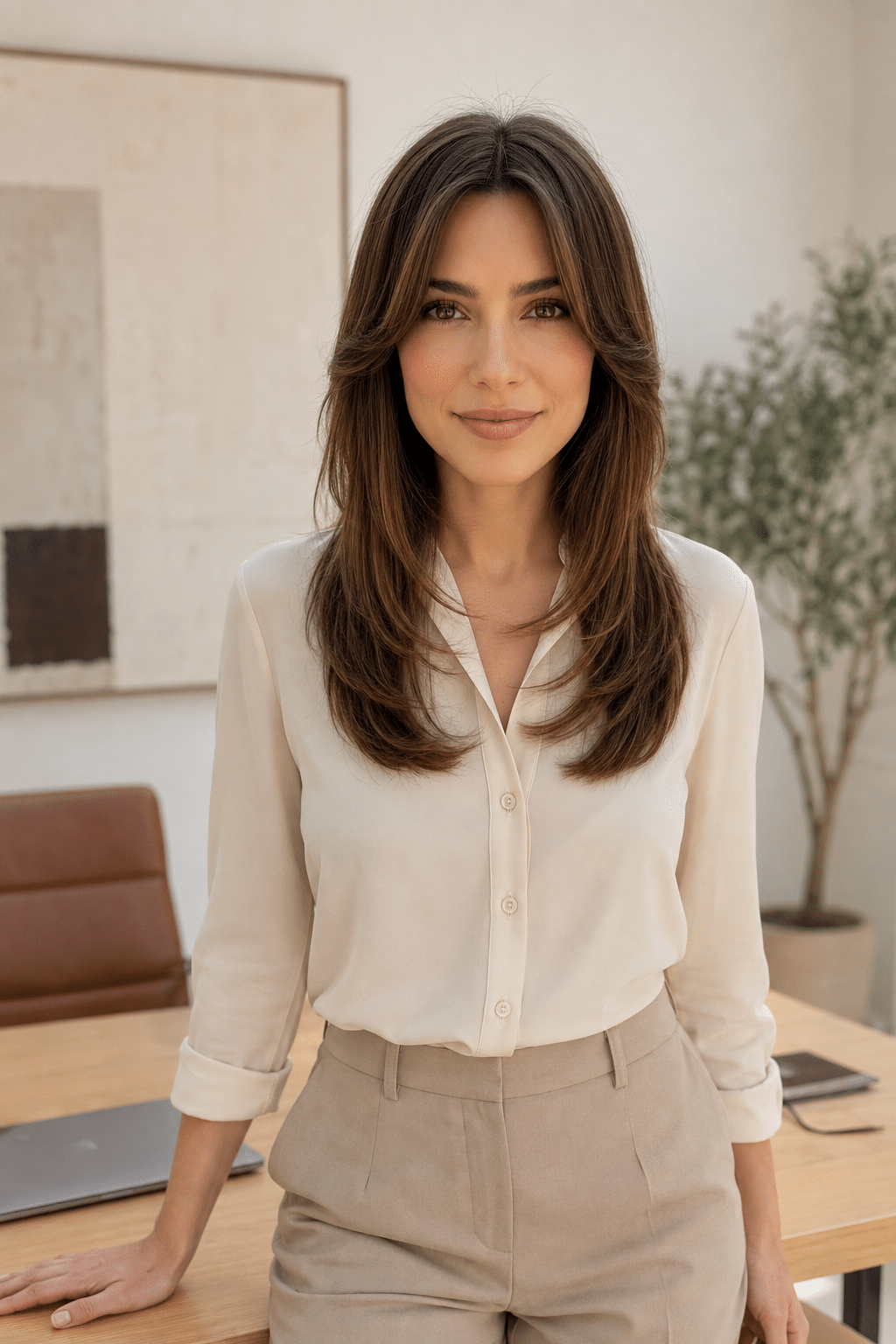 Chic Layered Haircut With Curtain Bangs and Face-Framing Layers 2 chic layered haircut