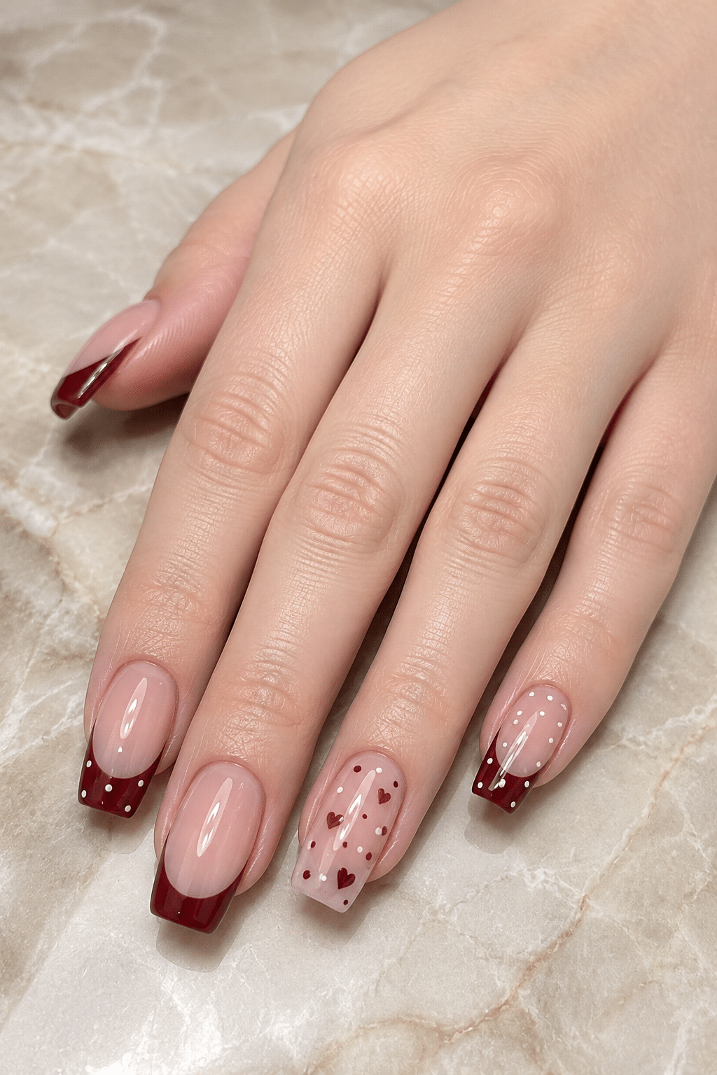 Burgundy Heart French Nails: Romantic Polka Dot Manicure Ideas 3 Burgundy Heart French Nails