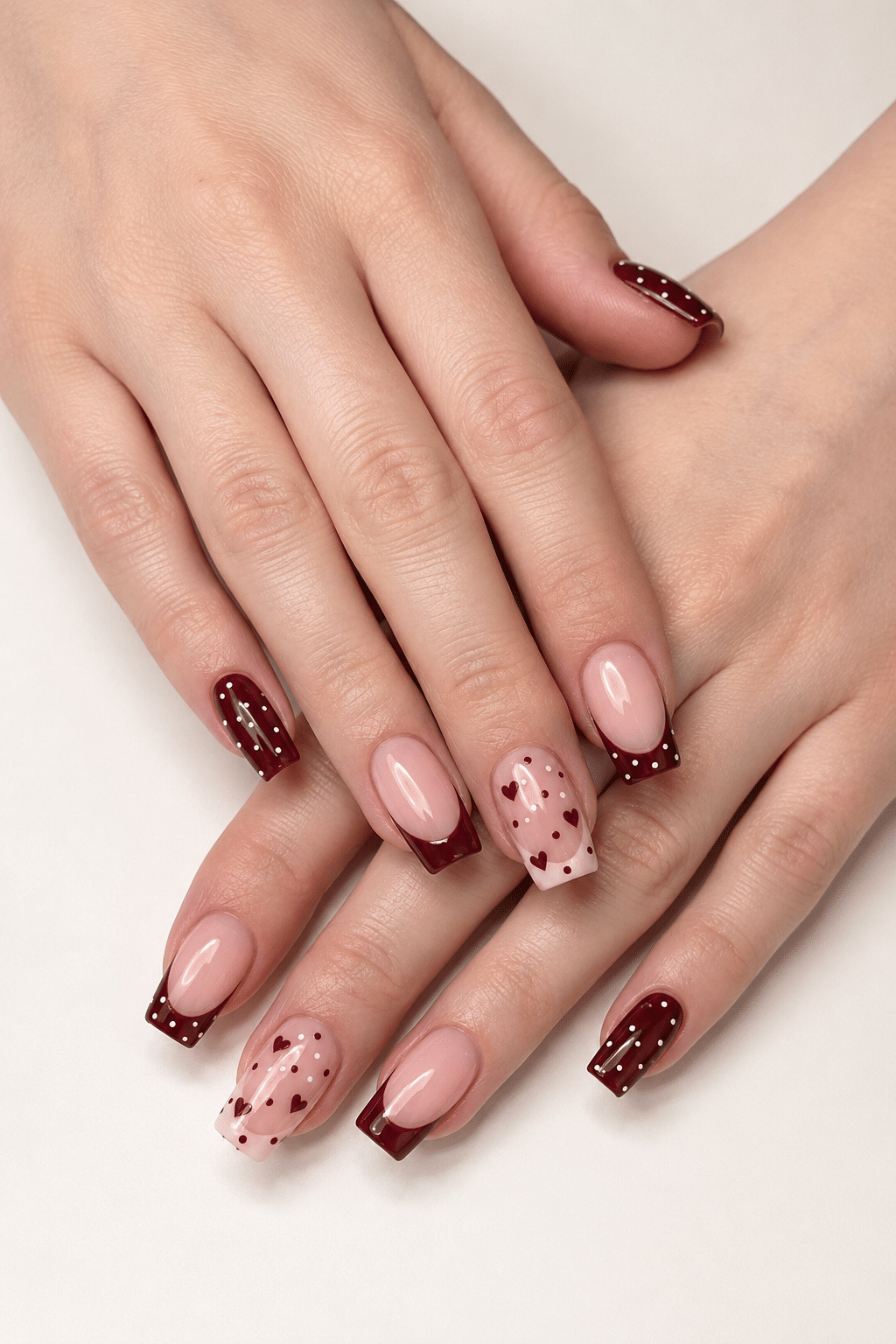 Burgundy Heart French Nails: Romantic Polka Dot Manicure Ideas 2 Burgundy Heart French Nails