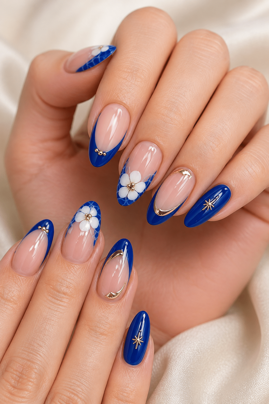 Blue Floral Nails: Elegant French Tips with Gold Accents 3 blue floral nails