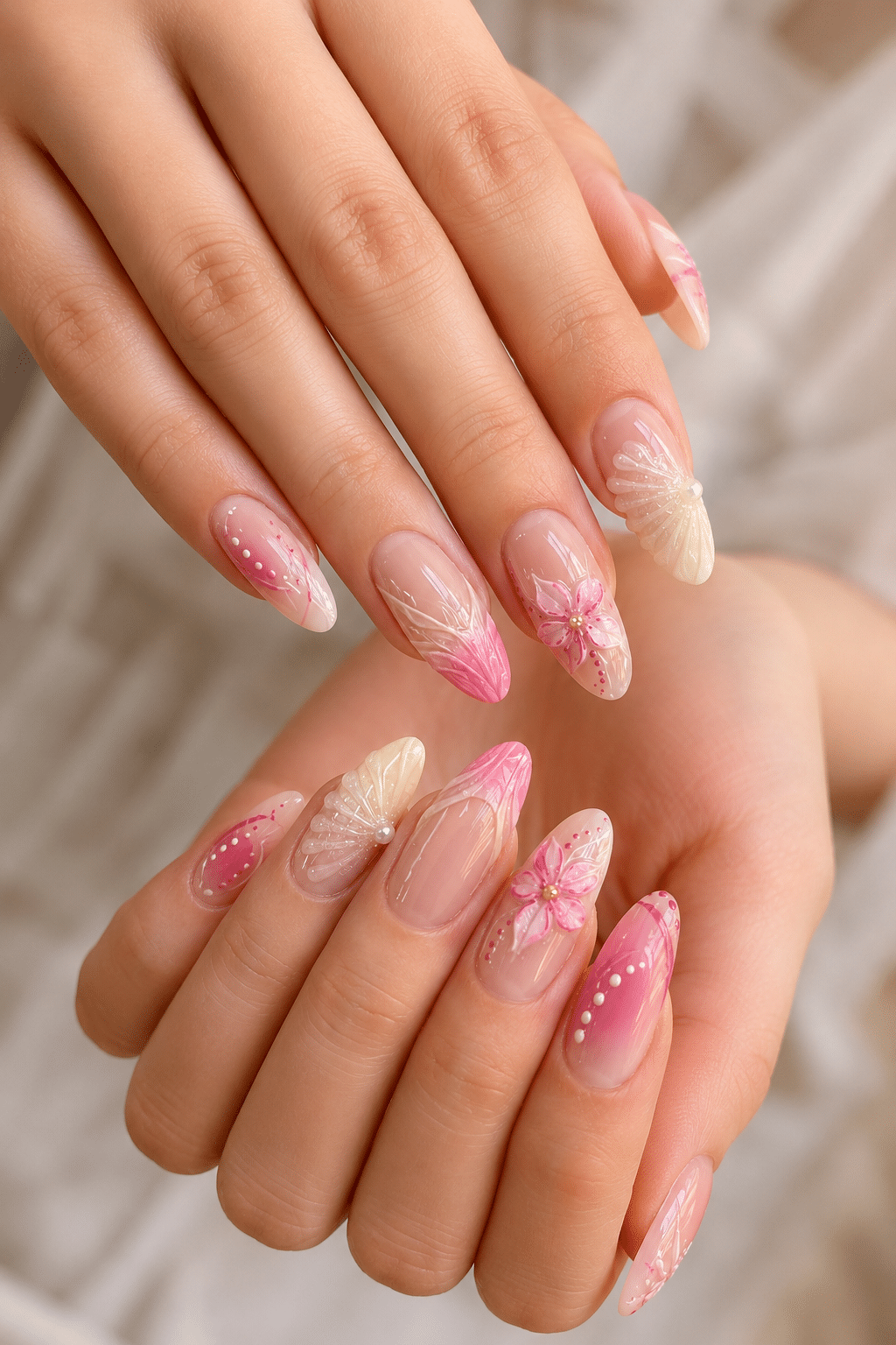 Pink 3D Floral Almond Nails for a Romantic, Elegant Look 3 Pink 3D floral almond nails