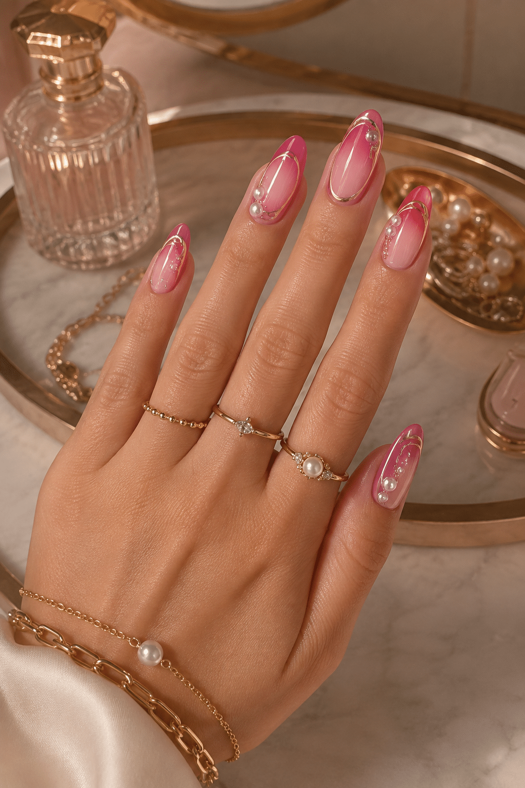 Pink Gold Pearl Nails: Elegant Glossy Manicure Ideas 3 Pink gold pearl nails
