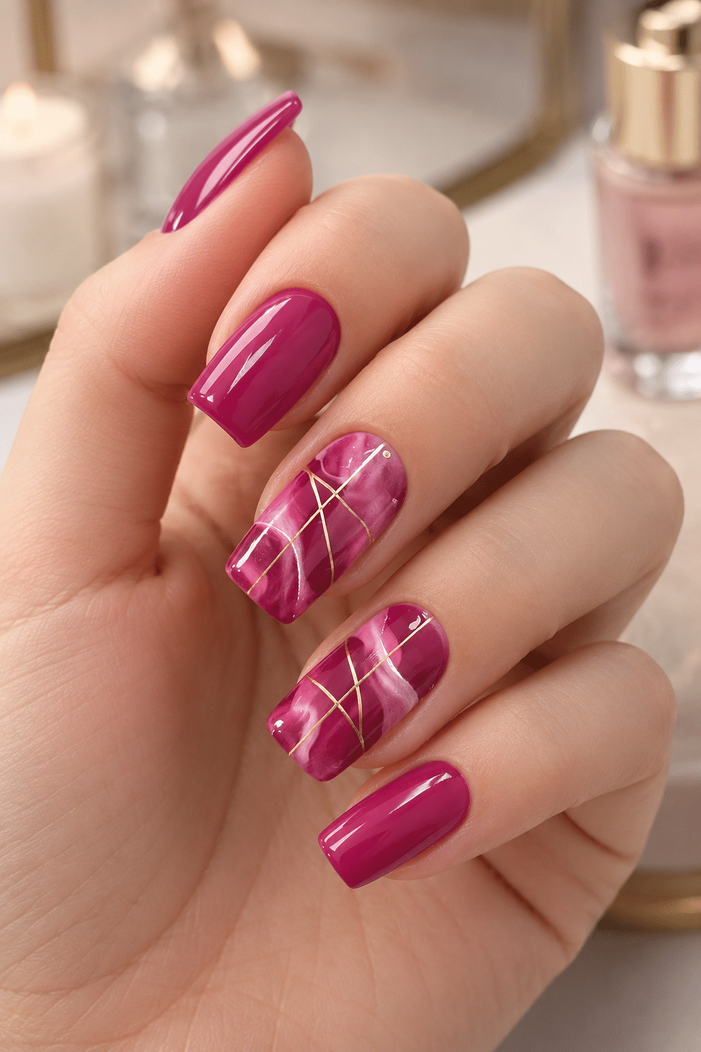 Magenta Marble Nails: Glossy Pink Manicure with Gold Details 3 magenta marble nails