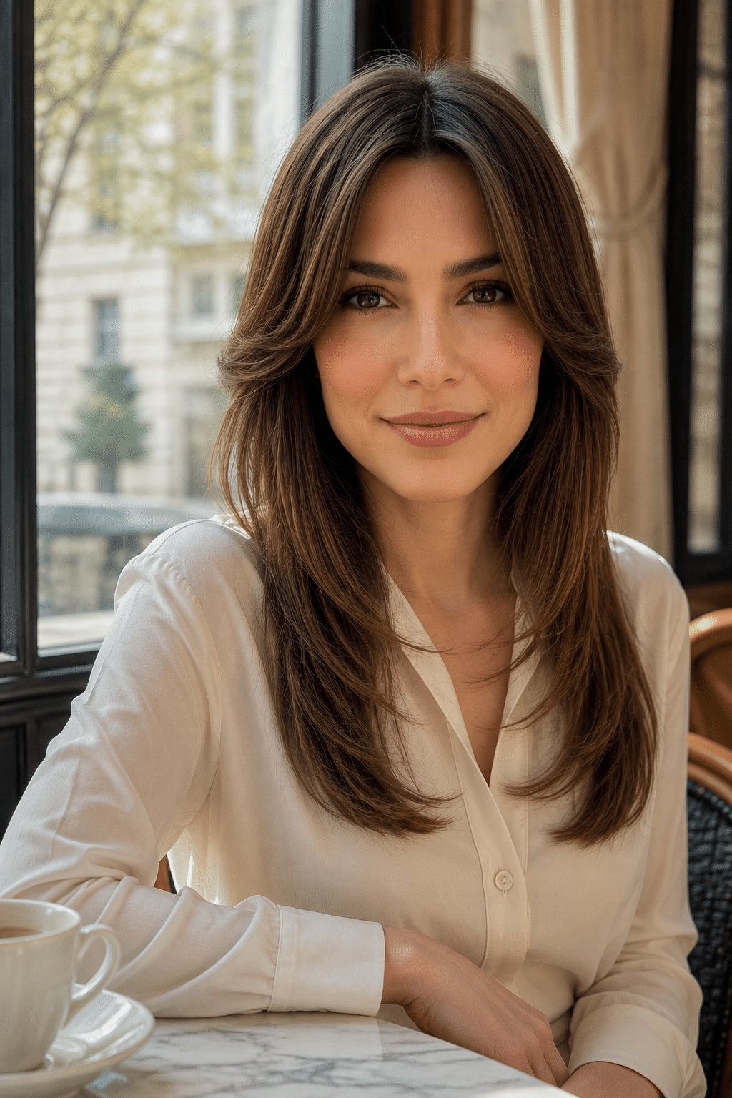 Chic Layered Haircut With Curtain Bangs and Face-Framing Layers 3 chic layered haircut