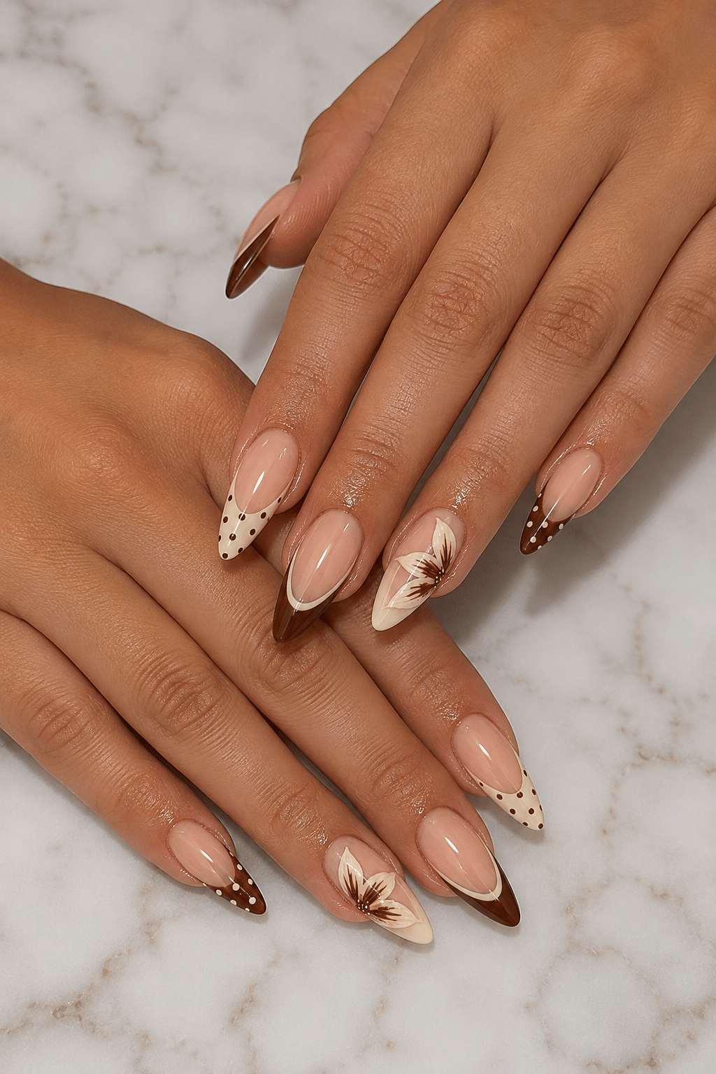 Chocolate Floral French Tip Nail Ideas for a Chic Elegant Manicure 2 Chocolate Floral French Tip Nail Ideas